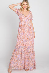 Pink Floral Sweetheart Neck Puff Sleeve Maxi Dress