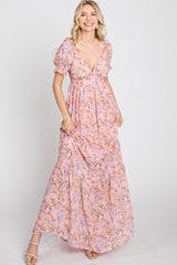 Pink Floral Sweetheart Neck Puff Sleeve Maxi Dress