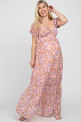 Pink Floral Sweetheart Neck Puff Sleeve Maternity Maxi Dress