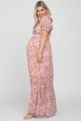 Pink Floral Sweetheart Neck Puff Sleeve Maternity Maxi Dress