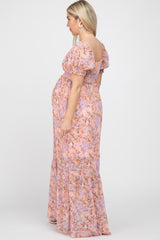 Pink Floral Sweetheart Neck Puff Sleeve Maternity Maxi Dress