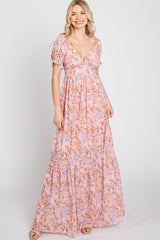 Pink Floral Sweetheart Neck Puff Sleeve Maxi Dress