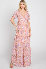 Pink Floral Sweetheart Neck Puff Sleeve Maxi Dress