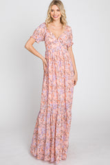 Pink Floral Sweetheart Neck Puff Sleeve Maxi Dress