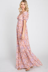 Pink Floral Sweetheart Neck Puff Sleeve Maxi Dress