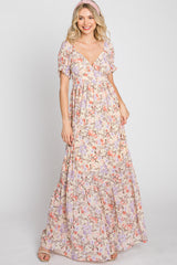 Cream Floral Sweetheart Neck Puff Sleeve Maxi Dress