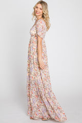 Cream Floral Sweetheart Neck Puff Sleeve Maxi Dress