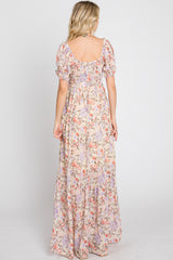 Cream Floral Sweetheart Neck Puff Sleeve Maxi Dress