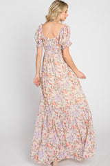 Cream Floral Sweetheart Neck Puff Sleeve Maxi Dress