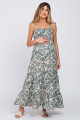 Beige Leaf Print Shoulder Tie Maternity Maxi Dress