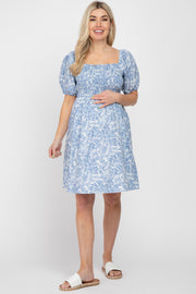 Blue Leaf Print Puff Sleeve Maternity Mini Dress