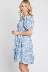 Blue Leaf Print Puff Sleeve Mini Dress