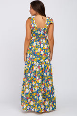 Blue Multi-Color Floral Sleeveless Smocked Tiered Maternity Maxi Dress