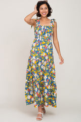 Blue Multi-Color Floral Sleeveless Smocked Tiered Maxi Dress