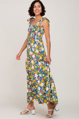 Blue Multi-Color Floral Sleeveless Smocked Tiered Maxi Dress