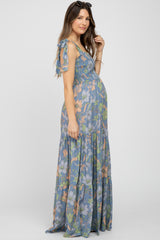 Blue Floral Smocked Shoulder Tie Maternity Maxi Dress