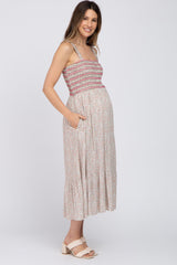 Pink Multi-Color Floral Smocked Sleeveless Maternity Midi Dress