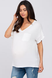 White Basic Pocket Front Short Sleeve Maternity Top