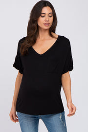 Black Basic Pocket Front Short Sleeve Maternity Top