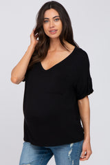 Black Basic Pocket Front Short Sleeve Maternity Top