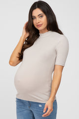 Taupe Ribbed Mock Neck Maternity Top