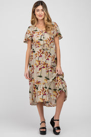 Beige Floral Button Maternity Midi Dress