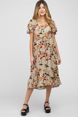 Beige Floral Button Maternity Midi Dress