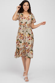 Beige Floral Button Midi Dress