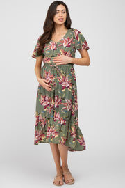 Olive Floral Button Maternity Midi Dress