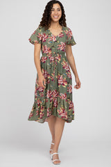 Olive Floral Button Maternity Midi Dress