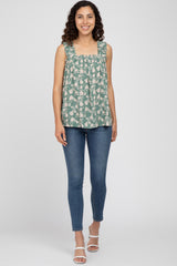 Light Olive Floral Ruffle Strap Top