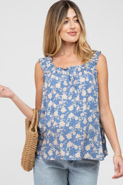 Blue Floral Ruffle Strap Maternity Top