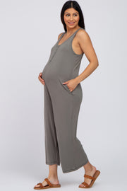 Olive Sleeveless Button Front Cropped Maternity Jumpsuit