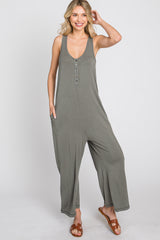 Olive Sleeveless Button Front Cropped Jumpsuit