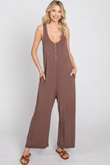 Mocha Sleeveless Button Front Cropped Jumpsuit