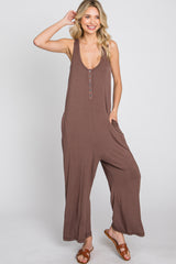 Mocha Sleeveless Button Front Cropped Jumpsuit