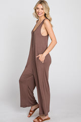 Mocha Sleeveless Button Front Cropped Jumpsuit