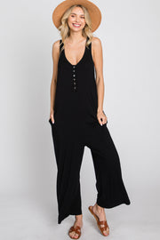 Black Sleeveless Button Front Cropped Jumpsuit