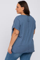 Navy Heathered Button Accent Short Sleeve Plus Top