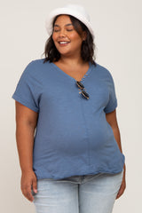 Navy Heathered Button Accent Short Sleeve Plus Maternity Top