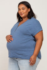 Navy Heathered Button Accent Short Sleeve Plus Maternity Top