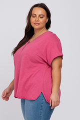 Magenta Heathered Button Accent Short Sleeve Plus Top