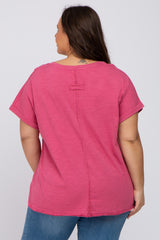 Magenta Heathered Button Accent Short Sleeve Plus Top