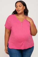 Magenta Heathered Button Accent Short Sleeve Plus Maternity Top