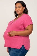 Magenta Heathered Button Accent Short Sleeve Plus Maternity Top