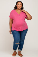 Magenta Heathered Button Accent Short Sleeve Plus Maternity Top