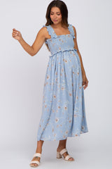 Light Blue Floral Smocked Square Neck Sleeveless Maternity Midi Dress