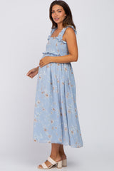 Light Blue Floral Smocked Square Neck Sleeveless Maternity Midi Dress