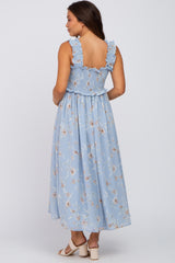 Light Blue Floral Smocked Square Neck Sleeveless Maternity Midi Dress