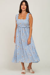 Light Blue Floral Smocked Square Neck Sleeveless Midi Dress